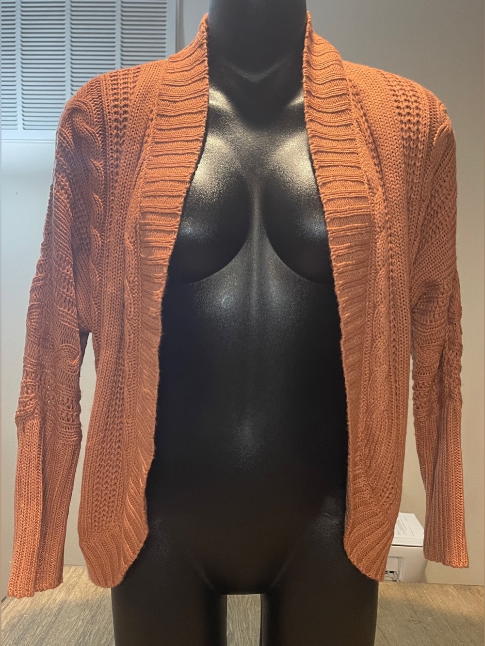 Pink Rose Open-Front Cable Knit Cardigan in Solid Rose Color, Size Small